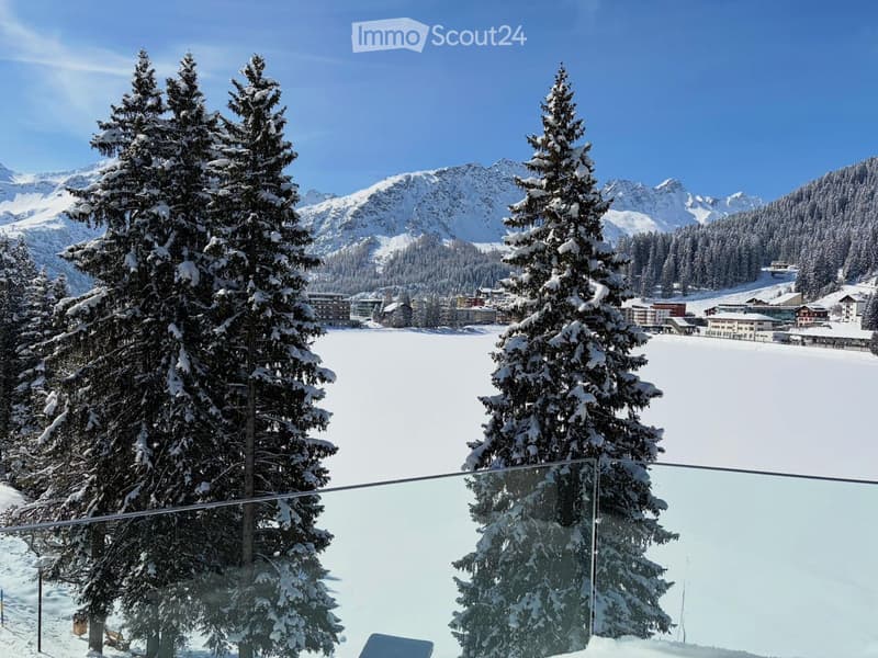 Balcony with glass railing, snowy pine trees, snowy mountains, town in the distance