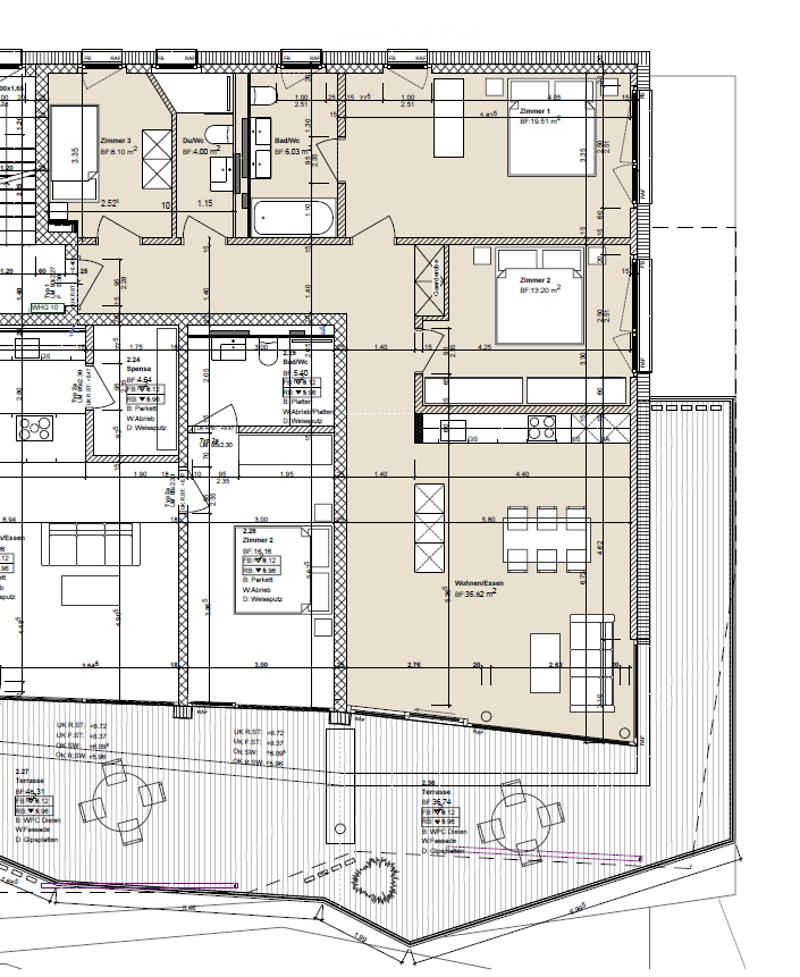 Living room, kitchen, 2 bedrooms, 2 bathrooms, balcony, terrace
