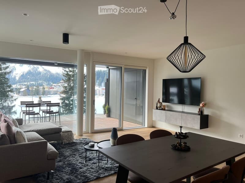 large windows, sliding glass doors, balcony, sofa, coffee table, TV, dining table, chairs, carpet, lamps