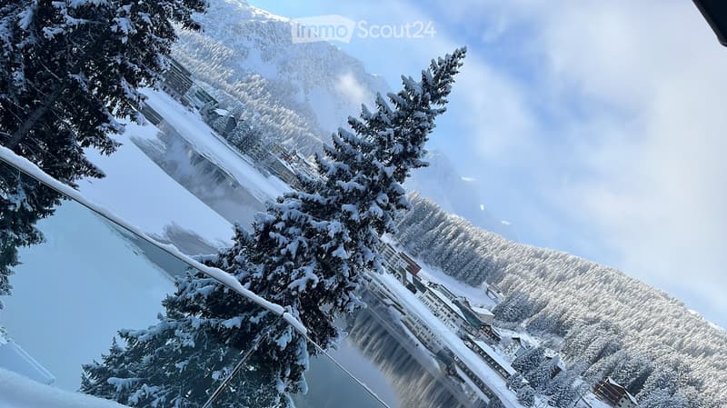 Snowy mountain landscape with pine trees, buildings, and a lake
