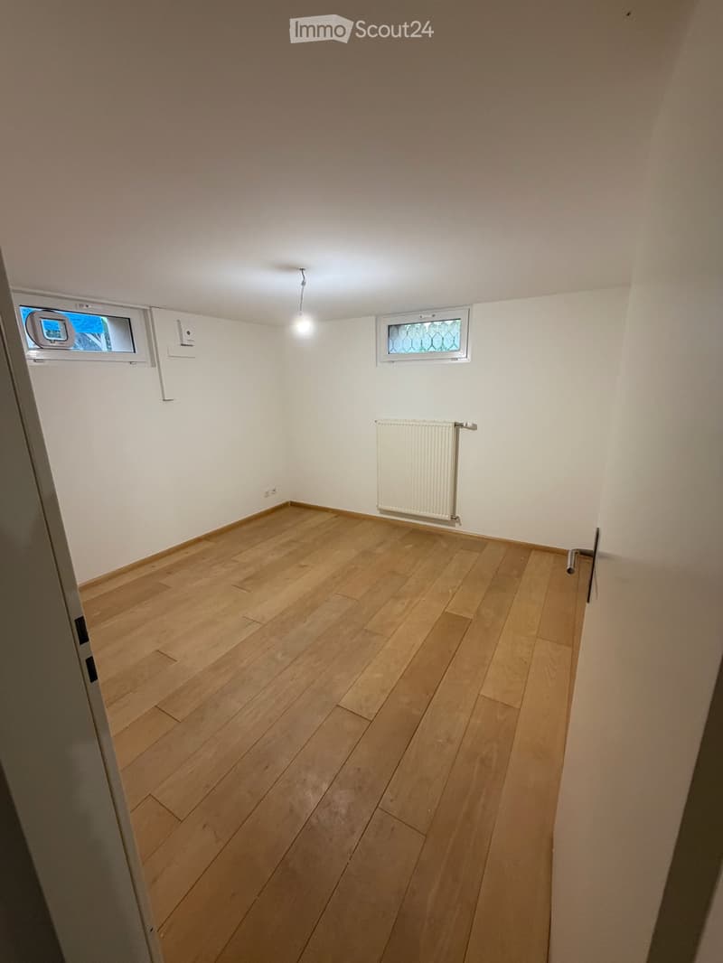 Empty room with wooden flooring, white walls, and two small windows. A radiator is mounted on one wall, and a light fixture hangs from the ceiling.