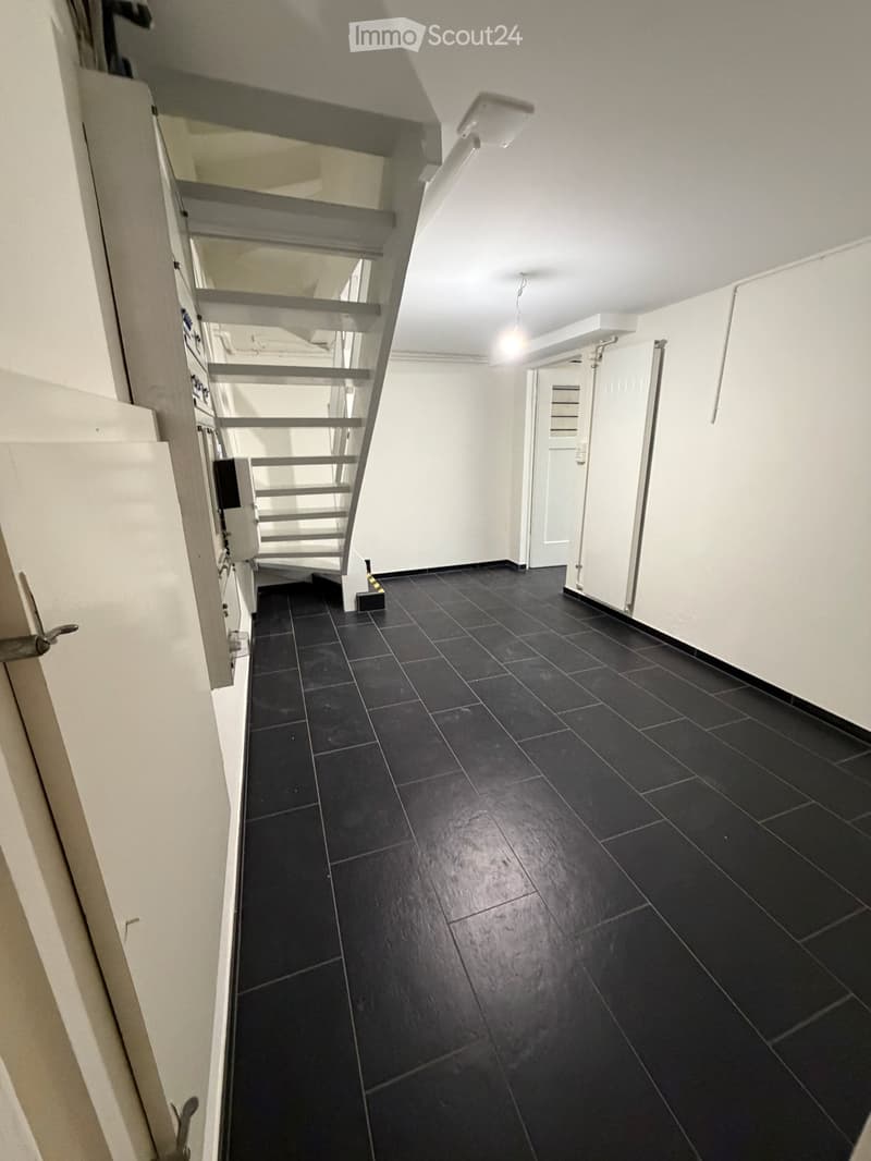 A narrow hallway with black tiled flooring, white walls, and a staircase leading upwards. The hallway has a door on the right and a light fixture on the ceiling.