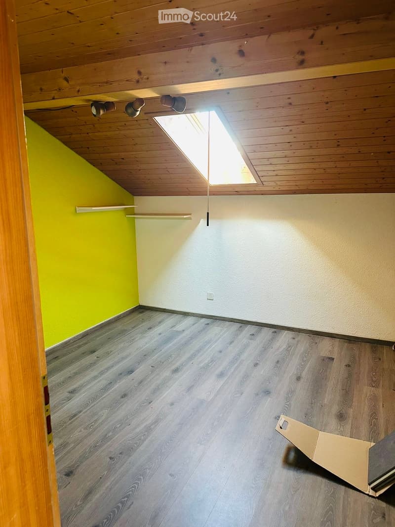 Empty room with wooden flooring, slanted wooden ceiling, skylight window, and built-in shelves. No furniture or equipment present.