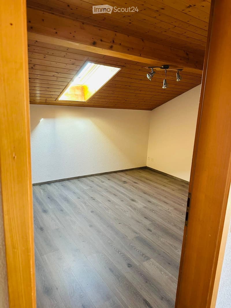 Empty room with wooden flooring, white walls, and a skylight in the ceiling providing natural light.