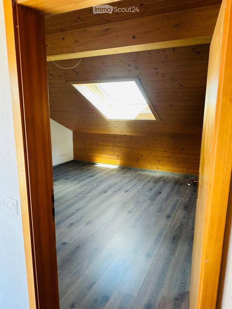 Empty room with wooden walls and floor, featuring a skylight window in the ceiling and a partially open wooden door.