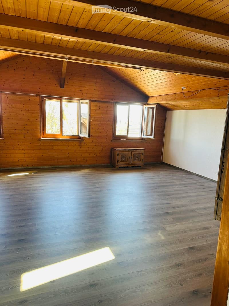 Spacious, unfurnished room with wooden walls and ceiling, large windows, and a small wooden cabinet.