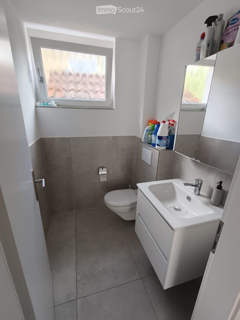 Modern bathroom with a white sink, chrome faucet, toilet, and mirrored cabinet. Cleaning supplies are stored on a shelf above the sink. The walls are tiled in a two-tone design with grey lower tiles and white upper tiles.