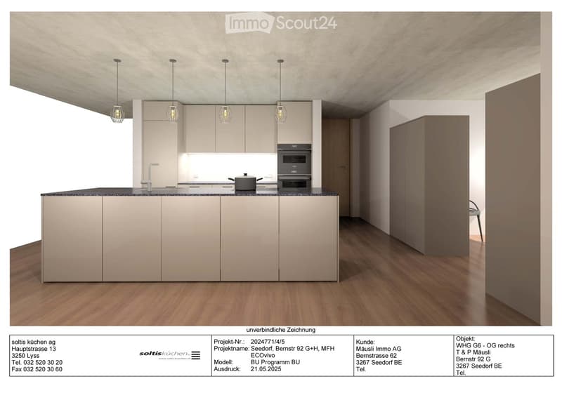 Modern kitchen with light-colored cabinets, a central island, and a built-in oven. The space features pendant lights and a sleek, minimalist design.