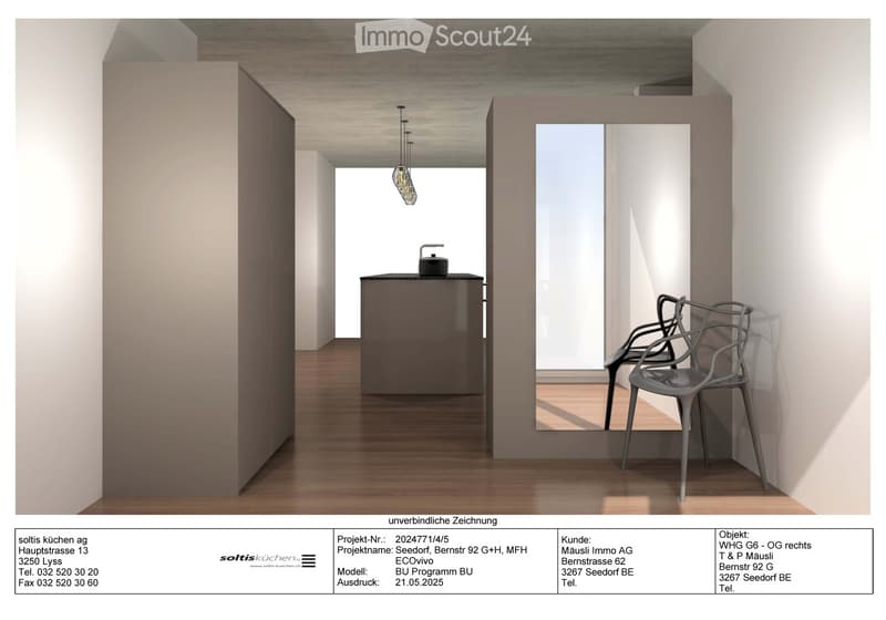 Modern, minimalist room with light wooden flooring, a counter with a teapot, two contemporary chairs, and a hanging light fixture.