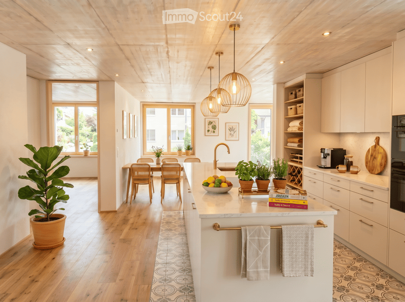 Bright, modern kitchen with white cabinets, marble countertops, and wooden flooring. Features a central island with a sink, pendant lights, and a dining area with a table and chairs. Includes various appliances, potted plants, and decorative items.
