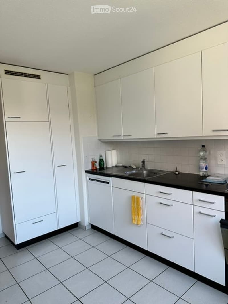 Modern kitchen with white cabinets, stainless steel sink, dishwasher, and tiled floor.