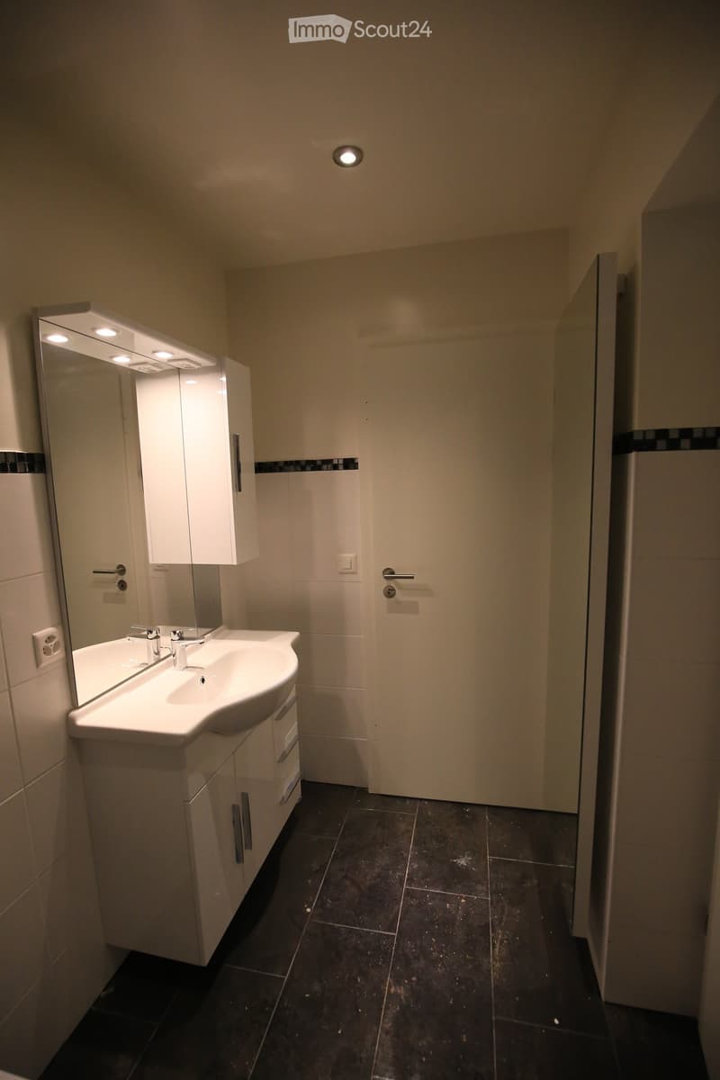 Modern bathroom with a white sink, mirror, and cabinet, featuring dark tiled flooring and a closed door.