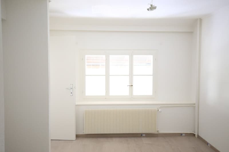 Empty room with white walls, wooden floor, white door, double window, white radiator.