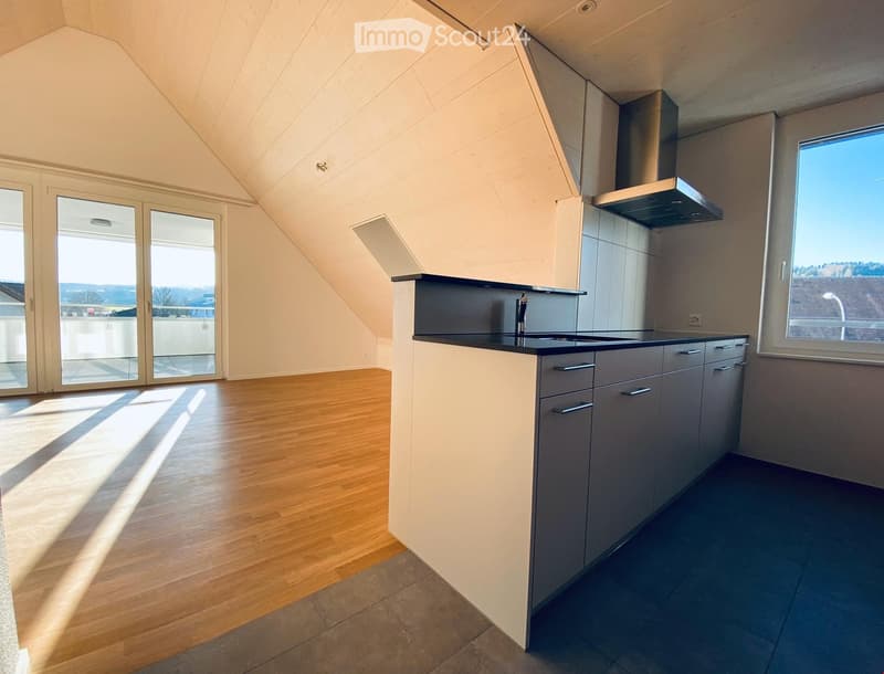 Modern kitchen with grey cabinets, a sink, and a faucet, featuring wooden flooring and large windows with a view.