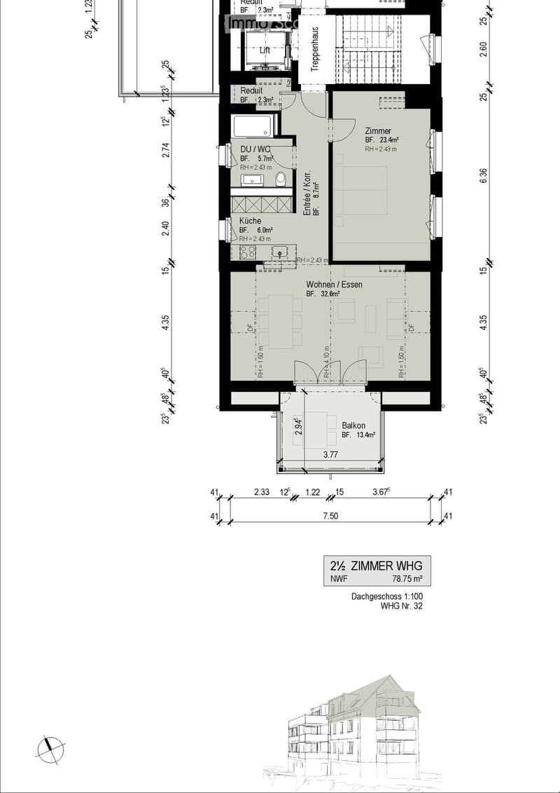 Floor plan of a 2.5-room apartment with living/dining area, kitchen, bedroom, bathroom, hallway, and balcony.
