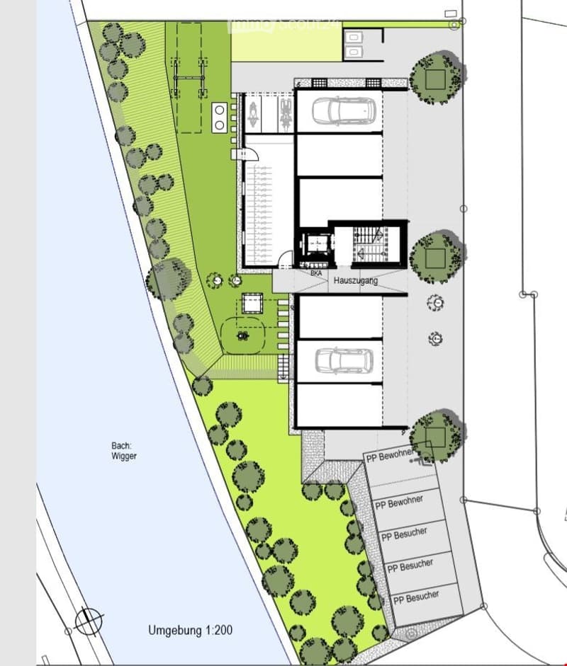 Floor plan of a residential building with a garage, parking spaces, and surrounding greenery.