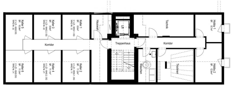 Floor plan of a multi-room apartment with six bedrooms, a hallway, staircase, technical room, and hobby areas.
