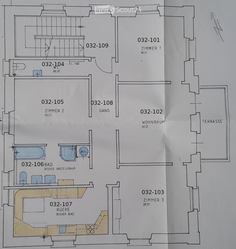 Floor plan showing a layout with three bedrooms, a living room, a kitchen, a bathroom, a hallway, and a terrace.