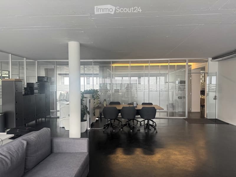 Modern office space with a grey sofa, a wooden table with chairs, a cabinet, and a potted plant. Large glass partitions and a polished black floor.