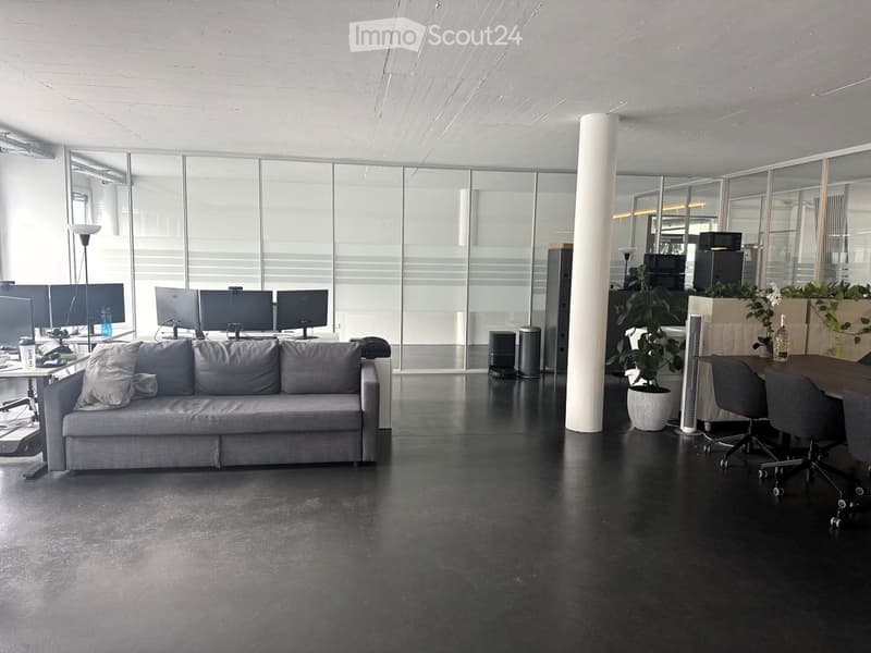 Modern, open-plan space with a grey sofa, a wooden table with chairs, multiple computer screens, a potted plant, and a fan. The room features large glass windows and a polished black floor.