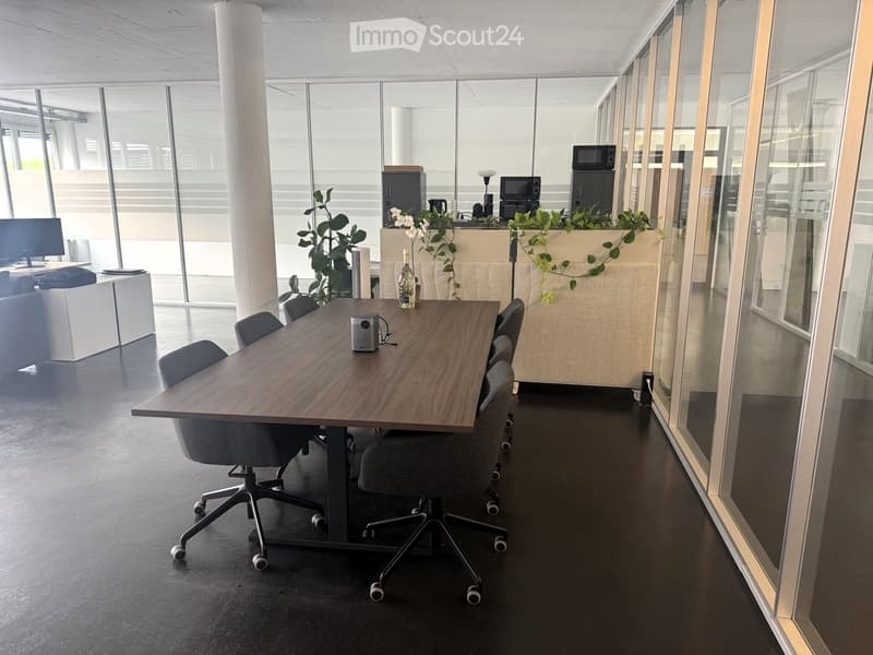 Modern office meeting room with a large wooden table, several chairs, a screen, a bottle, and plants. Large windows and a white pillar are visible.