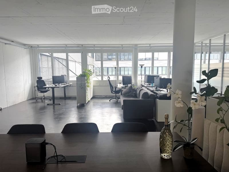 Modern office space with large windows, dark wooden floor, and white walls. Features a sofa, chairs, desks with computers, and decorative plants.