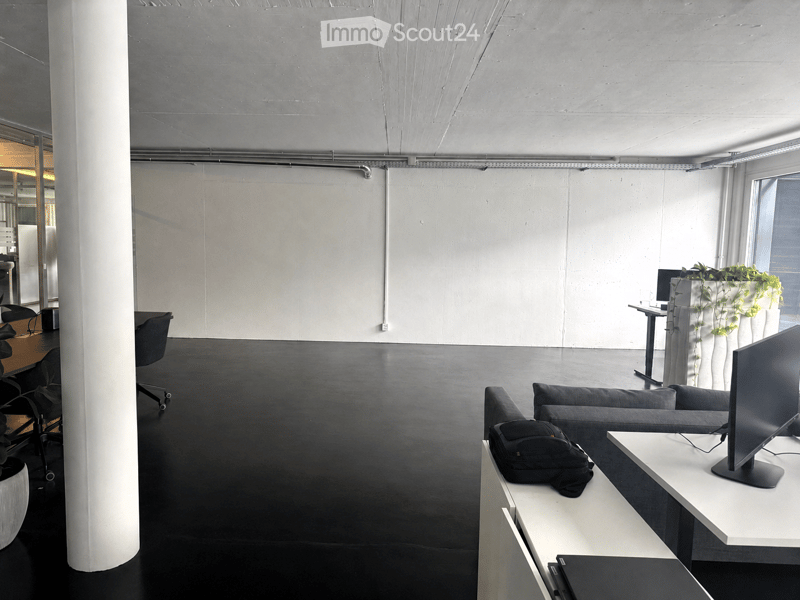 Modern, minimalist room with a dark floor, white walls, and large windows. Features a sofa, chairs, tables, a laptop, a screen, a backpack, and plants.
