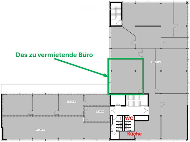 Floor plan of a commercial space with a highlighted office area, kitchen, and WC.