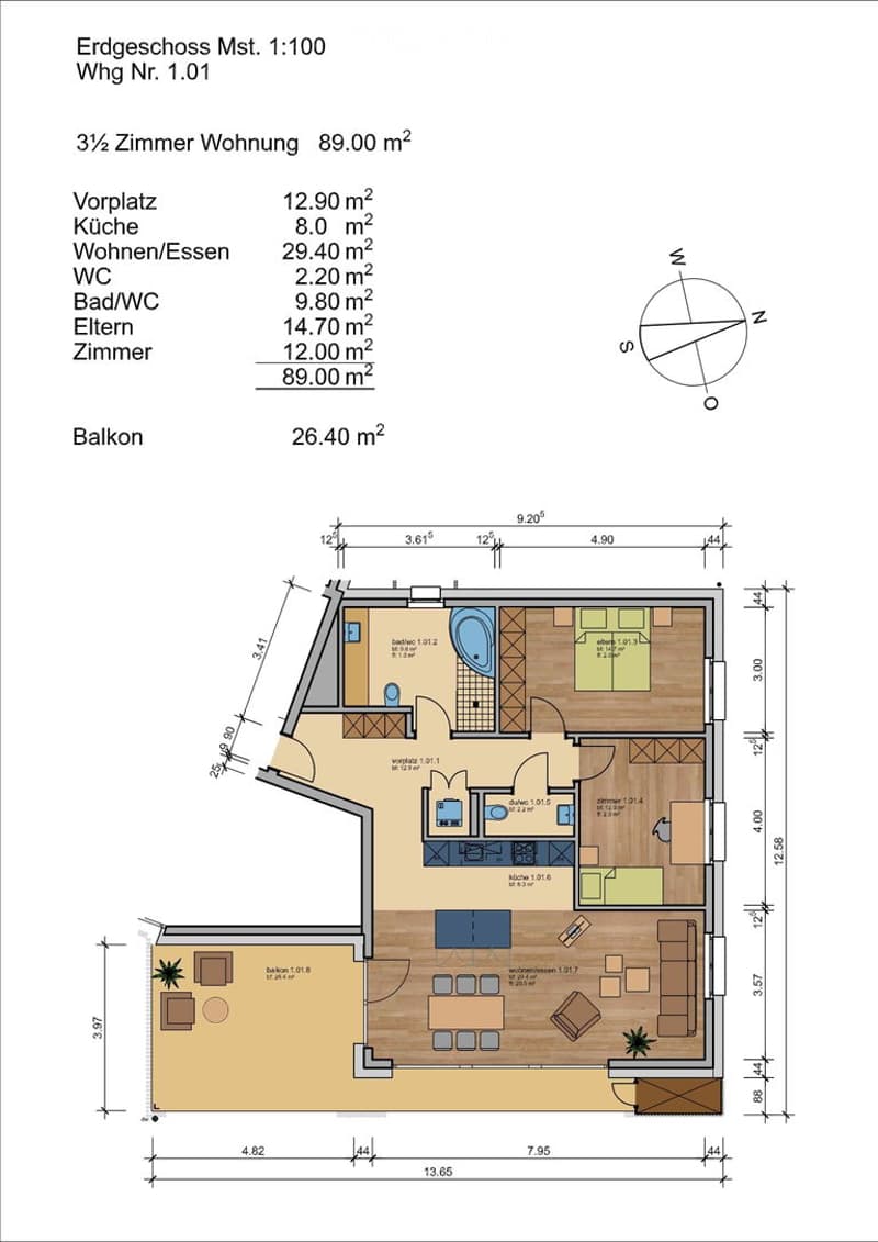 Floor plan of a 3.5-room apartment with a kitchen, living/dining area, bathroom, WC, bedroom, and balcony.