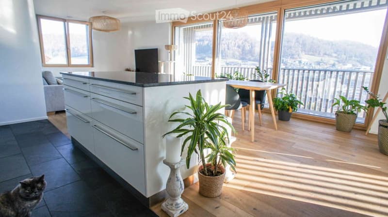 Bright, modern kitchen and dining area with white cabinets, a central island, wooden flooring, and large windows offering a scenic view. Includes a dining table with chairs, potted plants, a cat, and decorative candle holders.