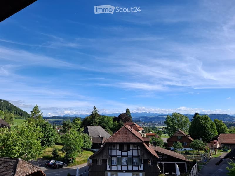 A scenic view of a village with traditional houses, surrounded by lush greenery and distant mountains under a clear blue sky.