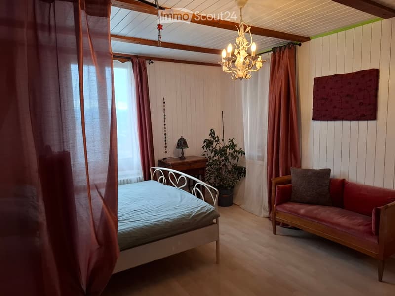 Cozy room with wooden walls, a bed, a sofa, a small table with a lamp, and a potted plant. The room features a chandelier and curtains on the windows.