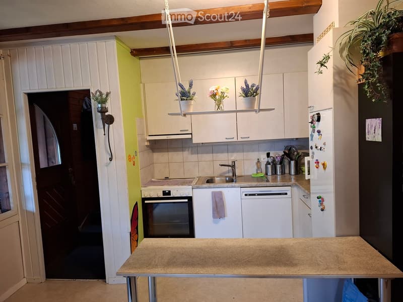 Bright kitchen with white cabinets, stainless steel appliances, and a beige countertop. Features include a sink, oven, dishwasher, and hanging flower pots.