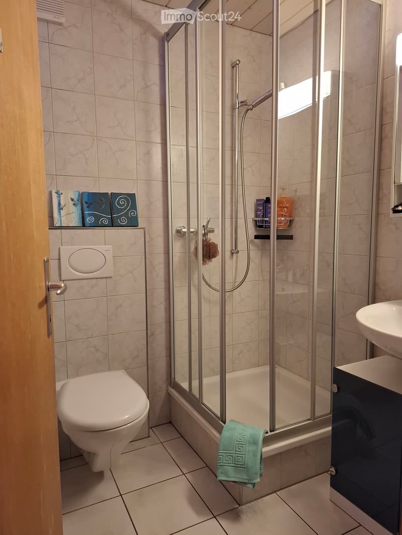 Modern bathroom with a toilet, shower, sink, and towel. The shower has a glass enclosure and a handheld showerhead. A small shelf holds toiletries, and a towel hangs on the side of the shower.