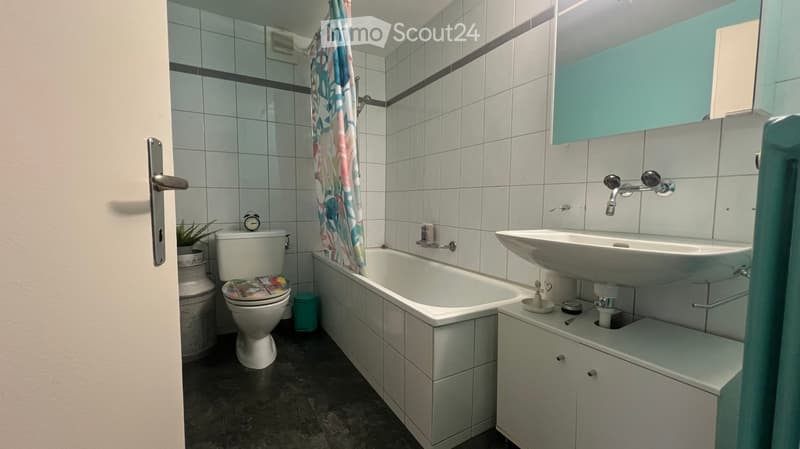 Bathroom with white tiles, a bathtub, a toilet, a sink, a mirror, and a shower curtain. Includes a small plant and a stool next to the toilet.