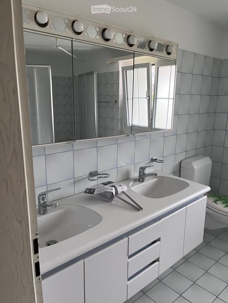 Modern bathroom with double sink vanity, large mirror, and toilet. Grey tiles and white cabinetry.
