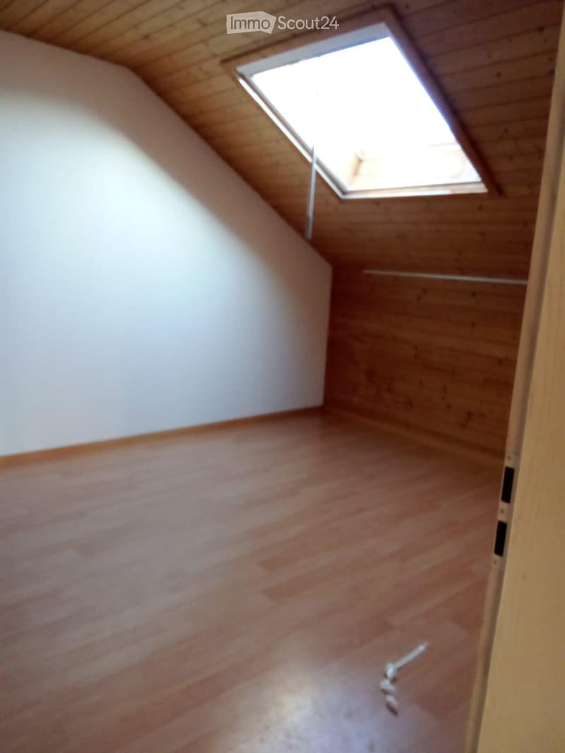 Empty room with wooden flooring, white walls, and a skylight window in the slanted ceiling.