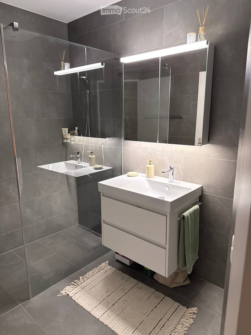 Modern bathroom with two sinks, a large mirror with built-in lighting, a glass-enclosed shower, and a towel hanging on the cabinet.