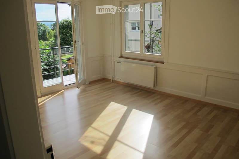 empty room, wooden floor, sliding glass doors to balcony, windows, white walls, radiator