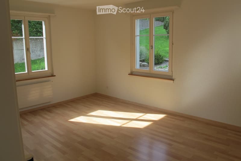 empty room, wooden floor, white walls, two windows, sun rays