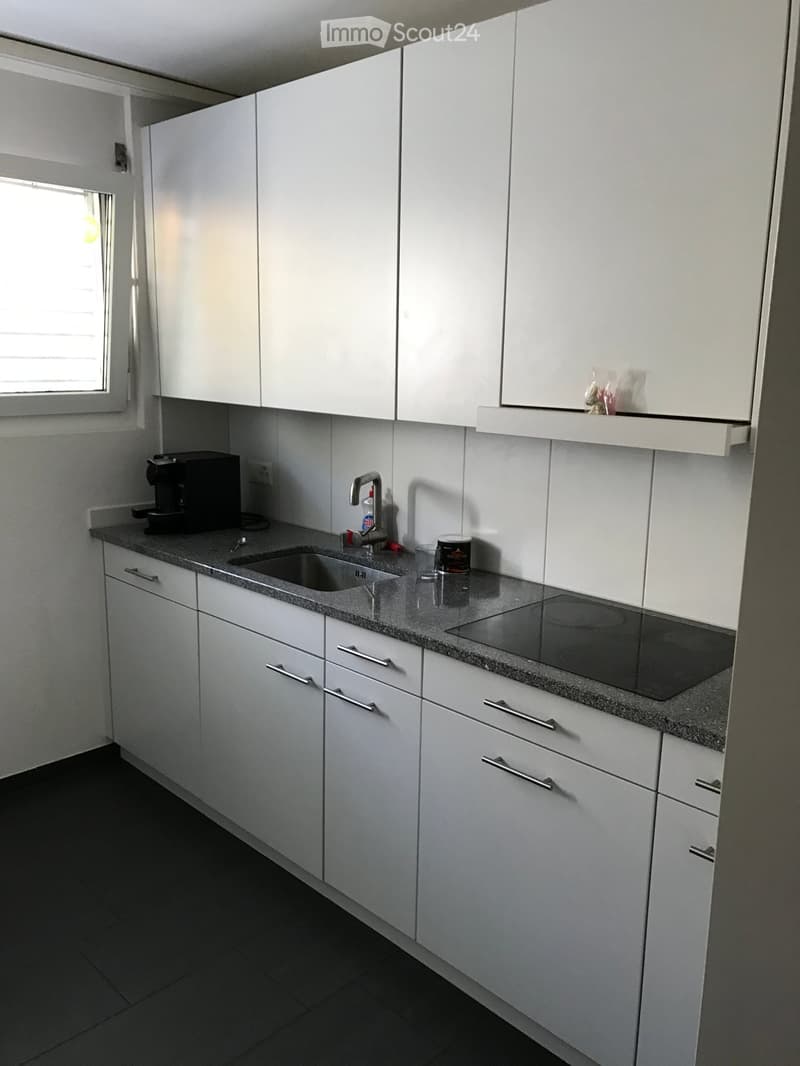Modern kitchen with white cabinets, granite countertop, sink, faucet, coffee maker, and induction stove.