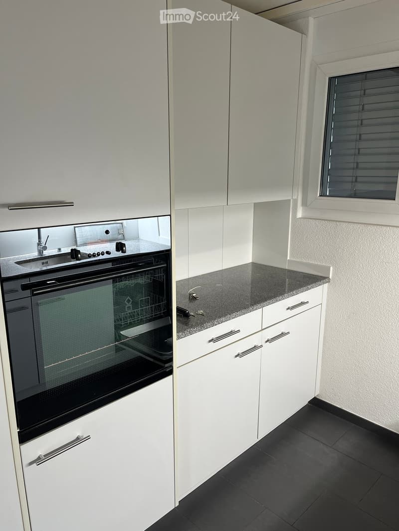 Modern kitchen with white cabinets, black countertop, and built-in oven. Features a stainless steel sink and faucet.