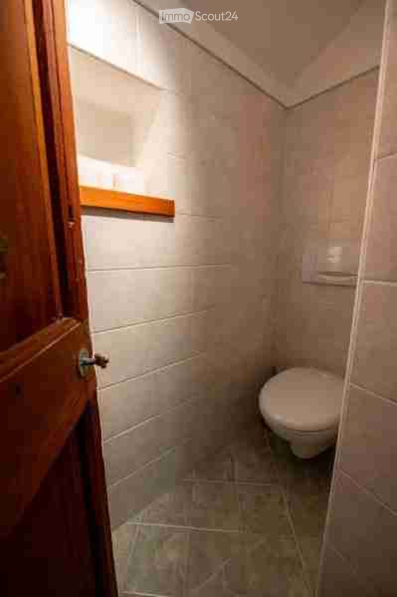 Small bathroom with white tiled walls and floor, a toilet, and a wooden shelf above the door.
