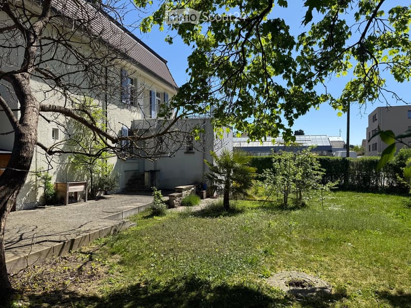 Garden area with a paved pathway, grassy lawn, trees, and a house with a balcony in the background.