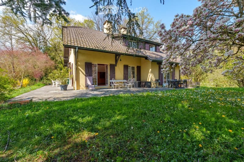 A two-story yellow house with a tiled roof, surrounded by a well-maintained garden with a patio area, outdoor furniture, and blooming trees.
