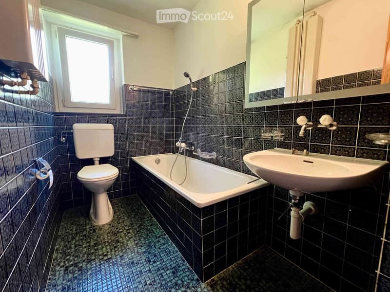 Bathroom with dark tiled walls, a toilet, a bathtub, a sink, and a mirror above the sink. The floor has a mosaic tile pattern.