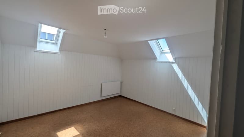 Empty attic room with white paneled walls, wooden floor, skylights, and a radiator.