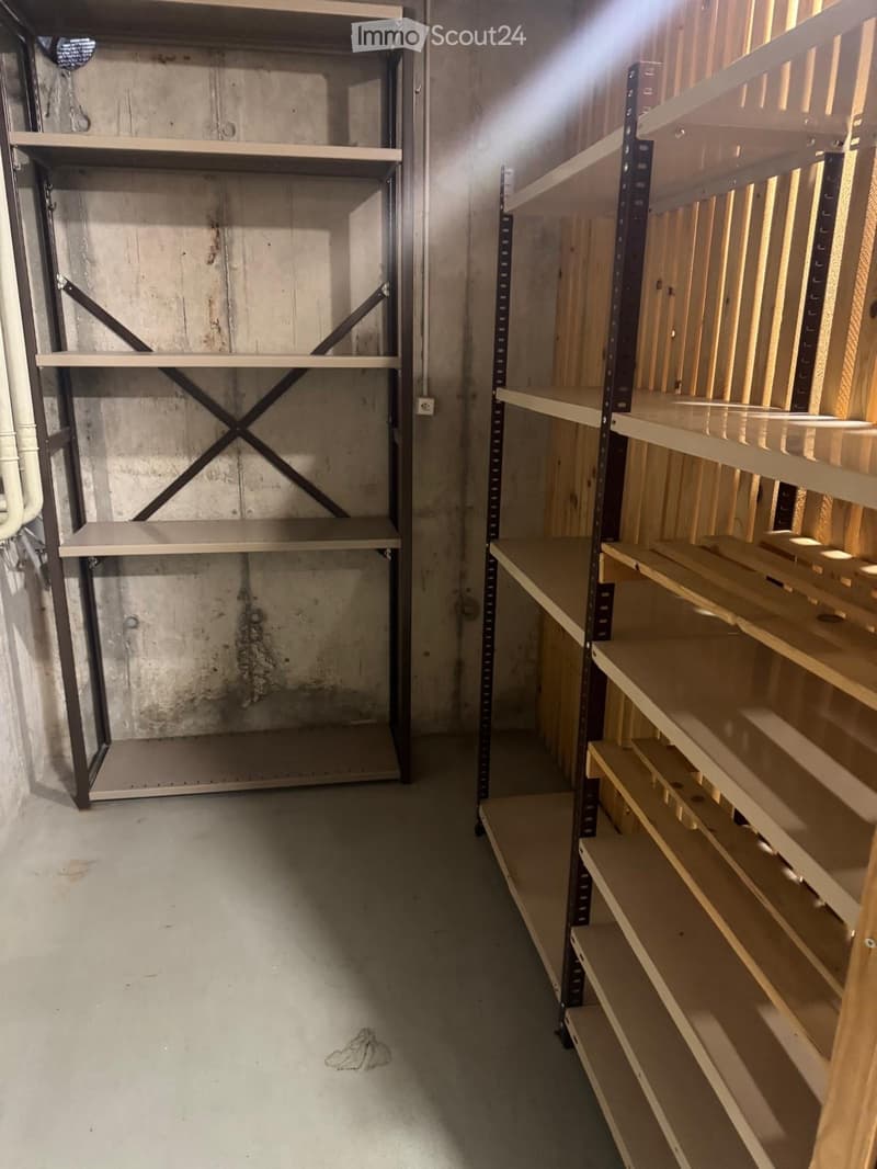Empty storage room with metal and wooden shelving units, concrete walls, and a concrete floor.