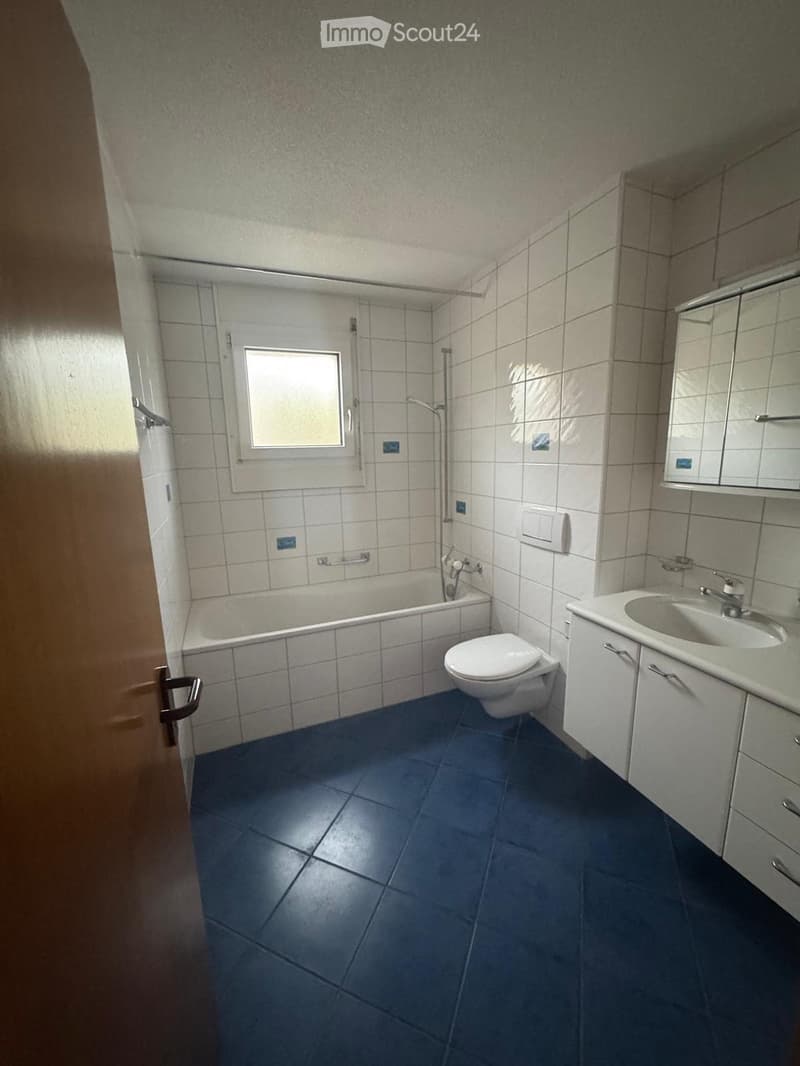 Bathroom with blue tiled floor, white tiled walls, bathtub, toilet, sink, and cabinet.
