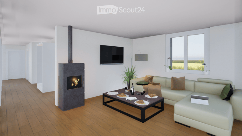 Modern living room with a light-colored sectional sofa, coffee table with food and drinks, a fireplace, and a television mounted on the wall. Large windows offer a view of a green field.